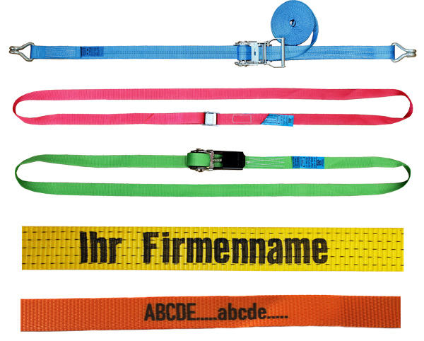 Spanngurte mit individuellem Aufdruck auf unterschiedlichen Gurtbandfarben